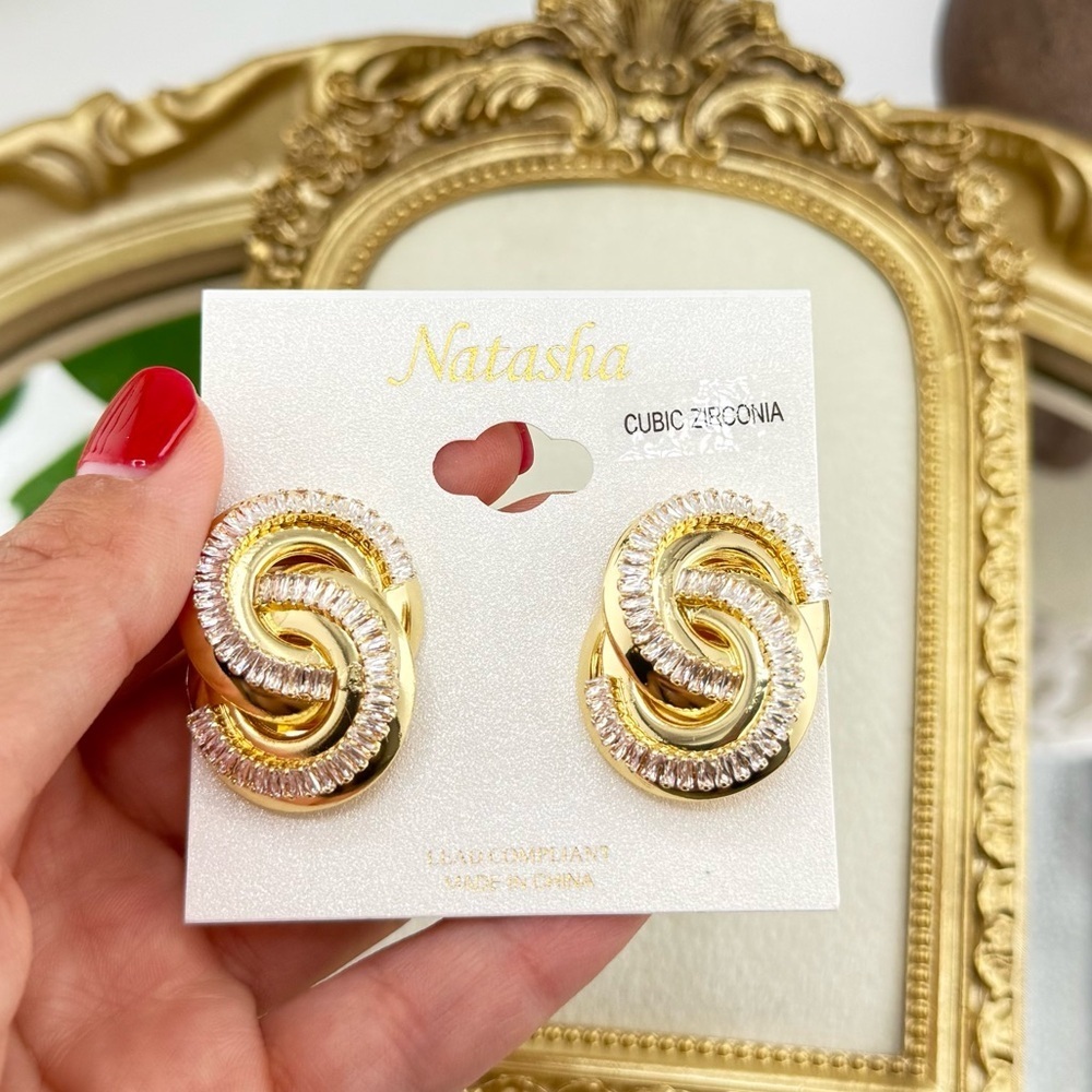 Natasha Gold-Tone Knot Earrings with Cubic Zirconia – Bold Statement Studs - Picture 3 of 13